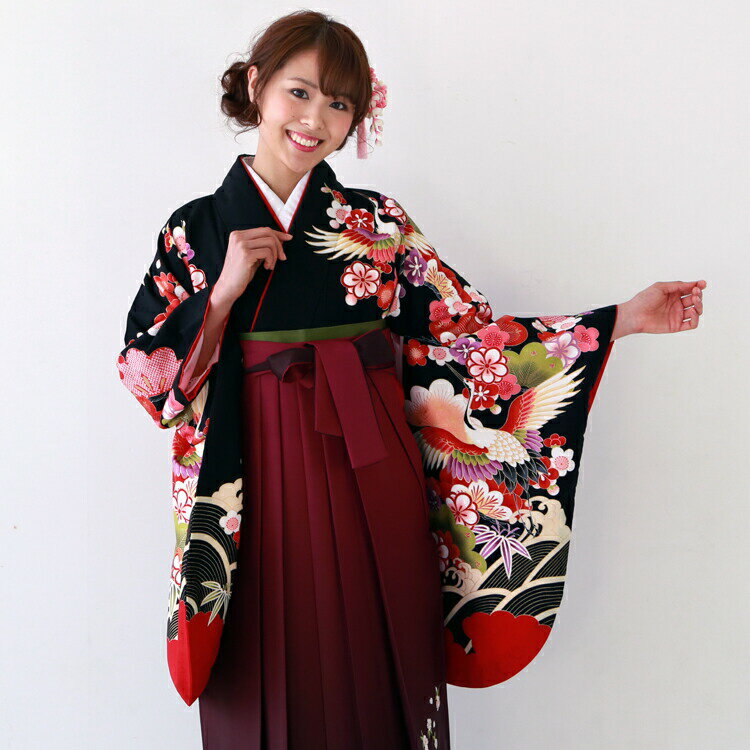 【レンタル】卒業式 袴 レンタル 女 袴セット 卒業式袴セット2尺袖着物＆袴 フルセットレンタル 安い 「黒地に波と鶴 松 竹 梅 桜 綸子」