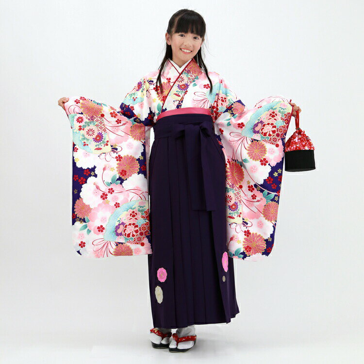 【レンタル】【7泊8日】 卒業式 袴 レンタル 小学生 女の子 小学校「ジュニア卒業式袴レンタルセット 紫地に扇古典柄」 ひな祭り 着物 衣装 花 レトロ モダン