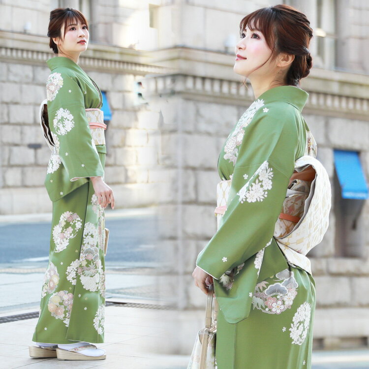 【レンタル】 訪問着 レンタル 19点フルコーディネートレンタルセット「緑地に花輪柄」結婚式 入学式 七五三 ママ レトロ モダン 30代 40代 50代