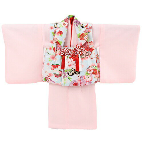 【レンタル】祝着 1歳 女の子 着物 二部式着物 被布セット「ピンク無地着物に水色被布（花車と牡丹）」ひな祭り 衣装 初節句