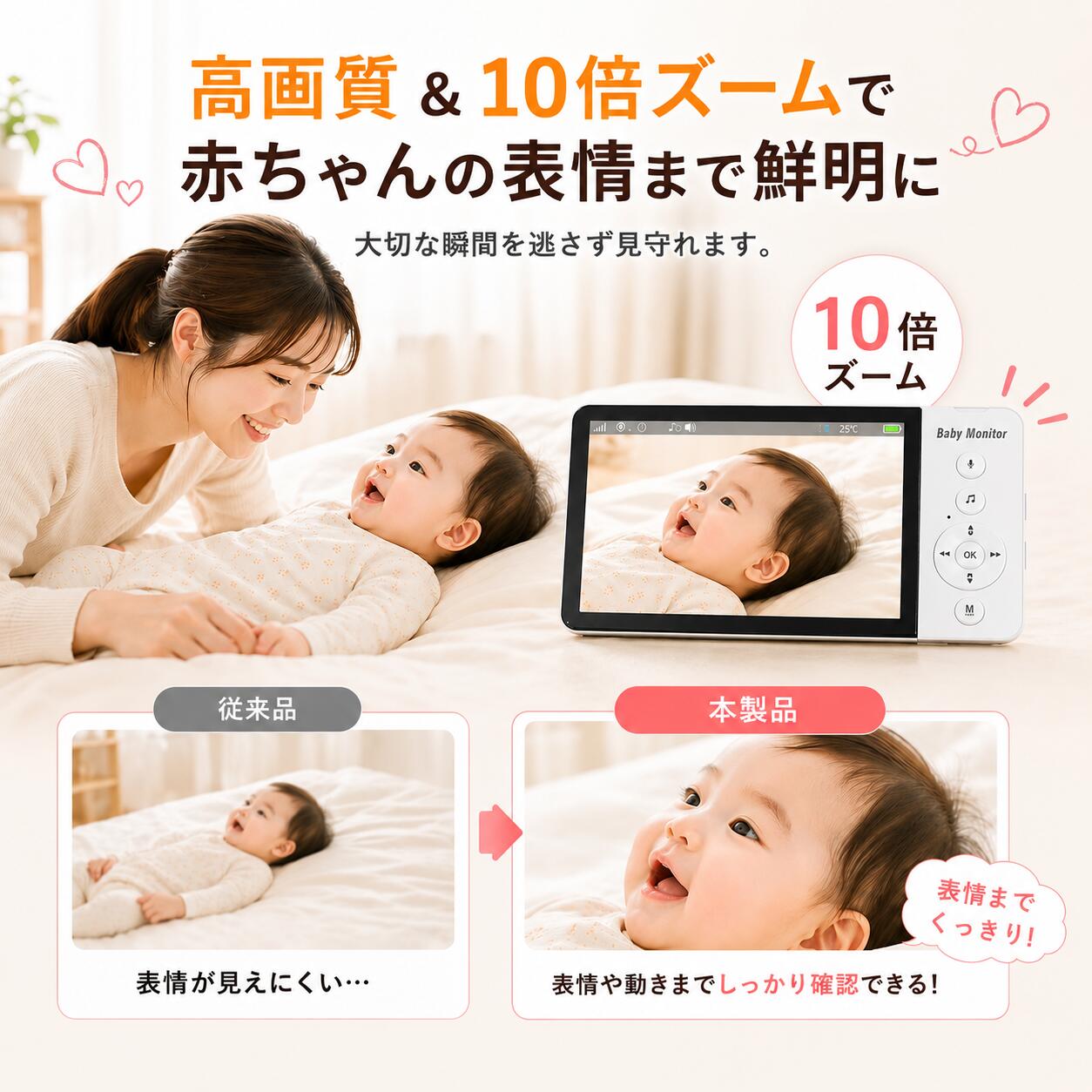 ベビーモニター ベビーカメラ 見守りカメラ アプリ&wifi不要 設定不要 専用モニター付 720P HD画質 双方向会話 子守歌 温度センサー 上下左右首振り カメラ 分割画面機能 4台まで接続可能 暗視 3