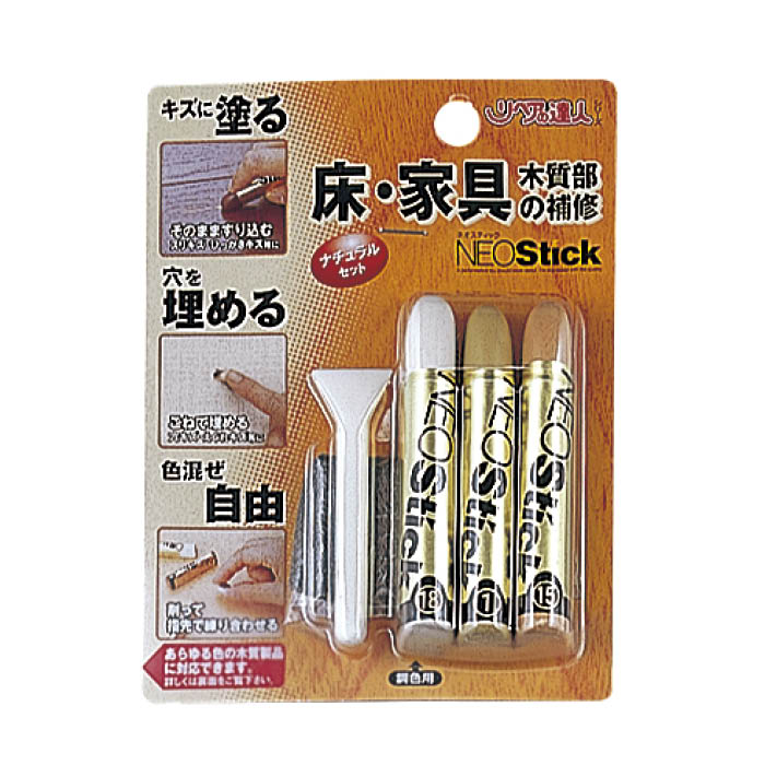 [特長]:■指先で色混ぜもできる1本×3役のクレヨンタイプ補修剤。補修部の肉痩せや変色がなく、耐久性バツグン [用途]:■家具やフローリング、ドア、柱、建具など木製品のキズ補修に。[使用方法(塗る場合)]:1.補修箇所に合わせ色を選ぶ。2.キズに対して直角にすり込む。3.余分なネオスティックをヘラで取り、スチールウールで周囲を軽く拭き完了。[使用方法(埋める場合)]:1.補修箇所に合わせ色を選ぶ。2.キズの大きさに合わせてネオスティックを削り指で練る。3.ヘラや指先で形を整え余分なネオスティックをヘラで取りスチールウールで周囲を軽く拭き完了。[仕様]:■材質:天然ワックス、顔料、植物油