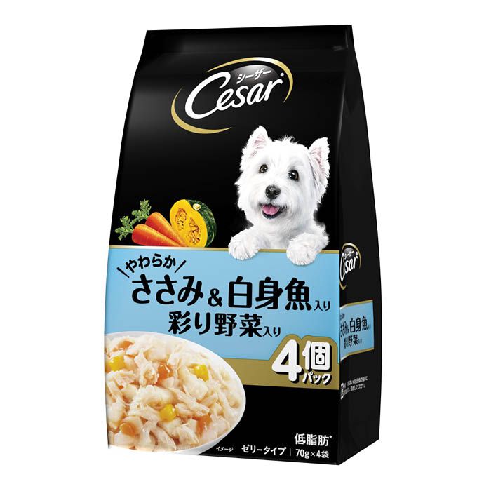 [特長]：■低脂肪なささみをやわらかく、低カロリー*に仕上げました。厳選されたささみに白身魚と彩り野菜を加えて、丁寧に調理し、素材のおいしさをそのまま閉じ込めました。*シーザートレイ 成犬 絹ささみ比 100gあたり20kcal減[原材料]：■肉類（鶏肉、ささみ）、白身魚、野菜類（にんじん、かぼちゃ）、小麦、ミネラル類（Cl、I、K、Na）、増粘多糖類、ポリリン酸Na[栄養成分表示]：■タンパク質：8.0％以上、脂質：0.3％以上、粗繊維：0.5％以下、灰分：3.0％以下、水分：90％以下[原産国]：■タイ[保存方法]：■直射日光、高温多湿の場所を避けて保存してください。開封後は冷蔵庫で保管し、お早めにお使いください