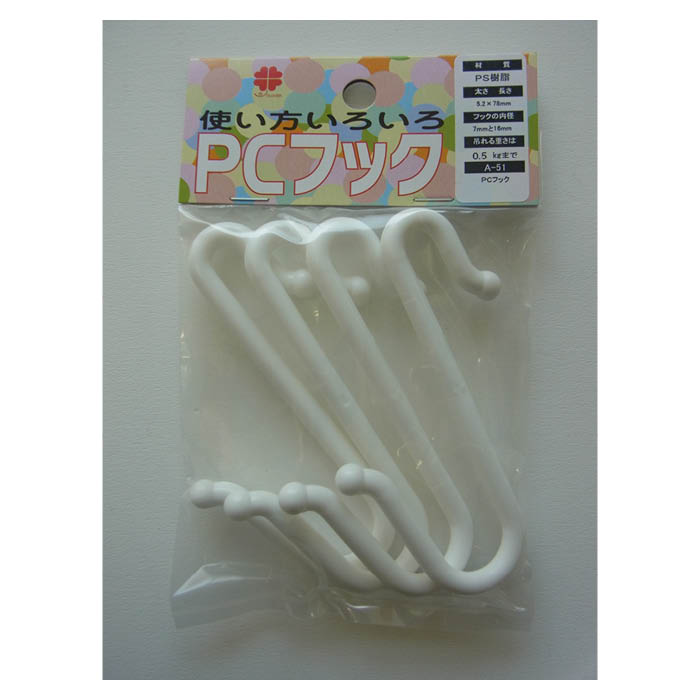 【特徴】■線径：6mm■内径：7／16.5mm■長さ：78mm■参考使用荷重：0.5kg■色：白■商品サイズ：W85・H135・D18mm■入り数：4本■材質：ポリスチレン■
