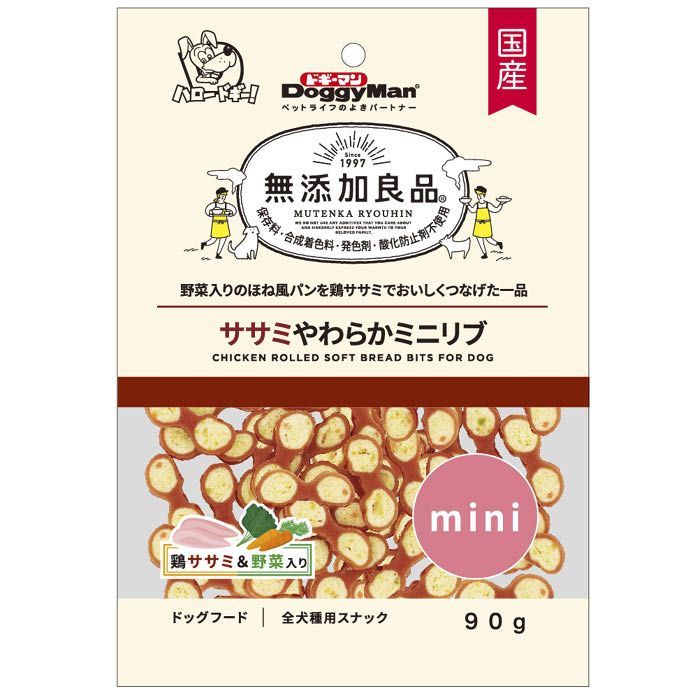 [特長]：■野菜入りのパン生地をササミ入りペーストで包んでつないで焼いたごほうびスナック。■まるでリブを輪切りにしたような形で、ちぎっても与えやすい。■にんじん、ほうれん草、クロレラ、軟骨抽出物(コンドロイチン含有)配合。■やわらかでおいしく、少しずつでも与えられるのでごほうびにぴったり。■保存料、合成着色料、発色剤、酸化防止剤無添加。ペットにやさしい無添加良品。■国産品。[原材料]：■肉類(鶏肉、ササミ、牛皮)、小麦粉、でん粉類、にんじん、ほうれん草、クロレラ、軟骨抽出物(コンドロイチン含有)、グリセリン、ソルビトール、ミネラル類(カルシウム)、膨張剤、リン酸塩(Na)、着色料(βーカロテン、紅麹)、グルコサミン［栄養成分表示]：■粗たん白質:11%以上、粗脂肪:3%以上、粗繊維:2%以下、粗灰分:8.5%以下、水分:32%以下[保存方法]：■開封後要冷蔵