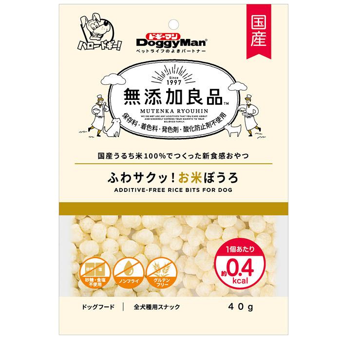 [特長]：■保存料、着色料、発色剤、酸化防止剤を使わずに作りました。■国産うるち米100％の、ふわふわサクサクッの新食感グルテンフリーおやつ。■調味料や添加物不使用。■さらにノンフライで、1個あたり約0.4kcalなので、ちょっとしたしつけやごうほうび用おやつにも最適です。[原材料]：■うるち米[栄養成分表示]：■粗たん白質:3.5%以上、粗脂肪:0.1%以上、粗繊維:1.5%以下、粗灰分:2%以下、水分:6.5%以下[原産国]：■日本[保存方法]：■開封後要冷蔵