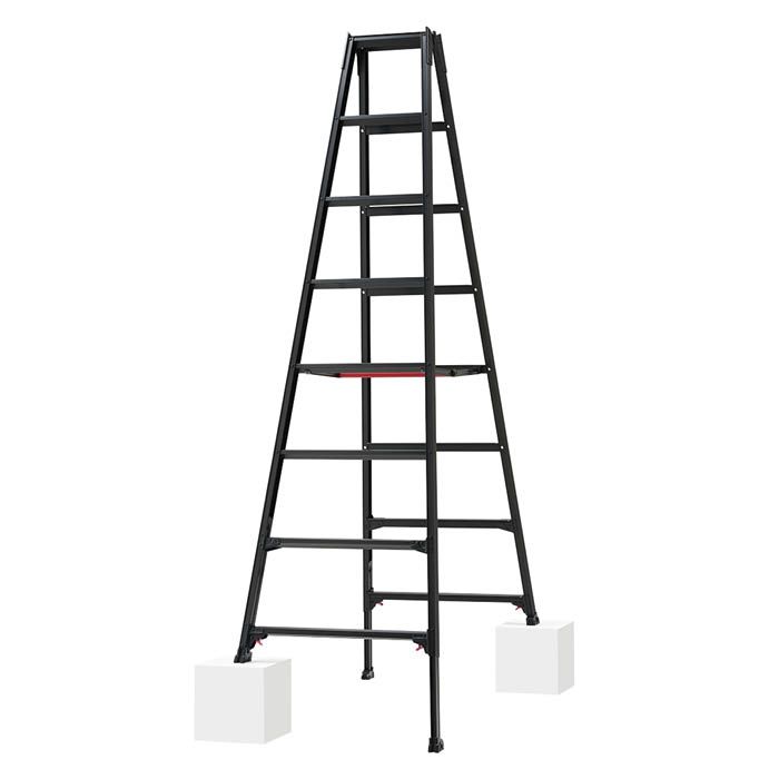 [仕様]：■天板高さ：2.21ー2.52m■使用最大高さ：1.61ー1.92m■はしご時長さ：※はしごにはなりません■脚部伸縮調整可能幅：最大31cm■天板寸法：29.2cm×16.7cm（天板トレー形状）■1ステップあたりの高さ：29.8cm■ステップ踏ざん奥行：60mm■質量：12.2kg■設置寸法（外寸）全幅×奥行：72ー77×138ー155cm■収納寸法（外寸）全幅×奥行×高さ：72×17×232cm■最大使用質量：100kg■素材：アルミ アルマイト処理■構造：（1）脚部伸縮式（脚部の伸縮調整機能により、段差地でも水平に保ちます）（2）「ワンタッチバー」による中折れ式（脚立の設置・収納時の開き止め金具の掛け替えの手間が省ける機構です）■脚部横ズレ防止キャップまたは器具付[用途]：■サイズ豊富な伸縮式脚立■空間に調和するブラックカラー