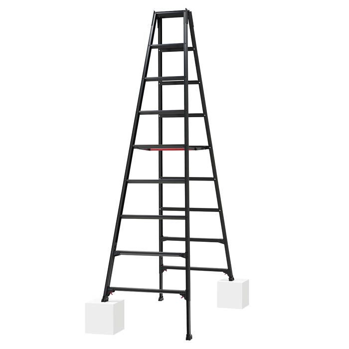 [仕様]：■天板高さ：2.51ー2.82m■使用最大高さ：1.92ー2.22m■はしご時長さ：※はしごにはなりません■脚部伸縮調整可能幅：最大31cm■天板寸法：29.2cm×16.7cm（天板トレー形状）■1ステップあたりの高さ：29.8cm■ステップ踏ざん奥行：60mm■質量：13.2kg■設置寸法（外寸）全幅×奥行：77ー83×154ー171cm■収納寸法（外寸）全幅×奥行×高さ：77×17×263cm■最大使用質量：100kg■素材：アルミ アルマイト処理■構造：（1）脚部伸縮式（脚部の伸縮調整機能により、段差地でも水平に保ちます）（2）「ワンタッチバー」による中折れ式（脚立の設置・収納時の開き止め金具の掛け替えの手間が省ける機構です）■脚部横ズレ防止キャップまたは器具付[用途]：■サイズ豊富な伸縮式脚立■空間に調和するブラックカラー