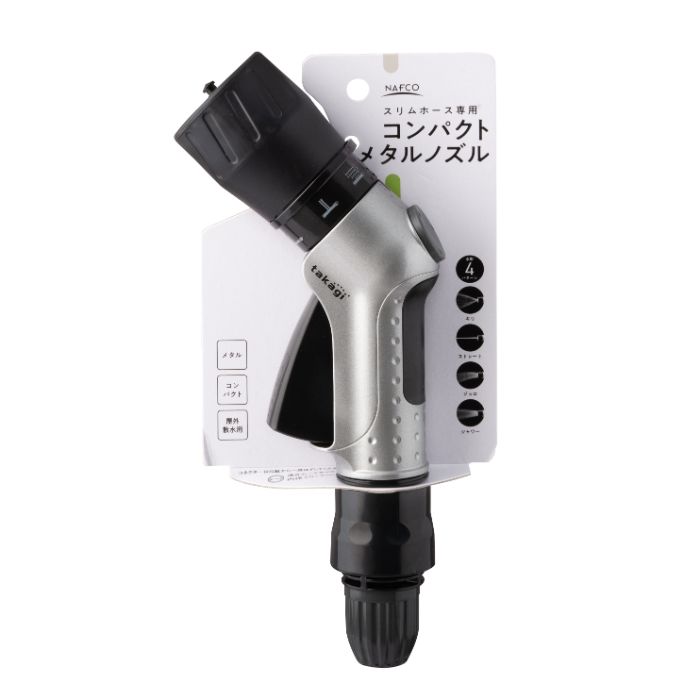 [仕様]■水形4パターン（キリ、ストレート、ジョロ、シャワー）■原料樹脂：ABS樹脂、ポリアセタール、ポリプロピレン、塩化ビニル樹脂■金属材料：亜鉛、ステンレス、鋼■ゴム材料：EPDM（エチレンプロピレンゴム）、NBR（ニトリルゴム）■適合ホース：内径7.5ー9mm/外径13.5mmまで