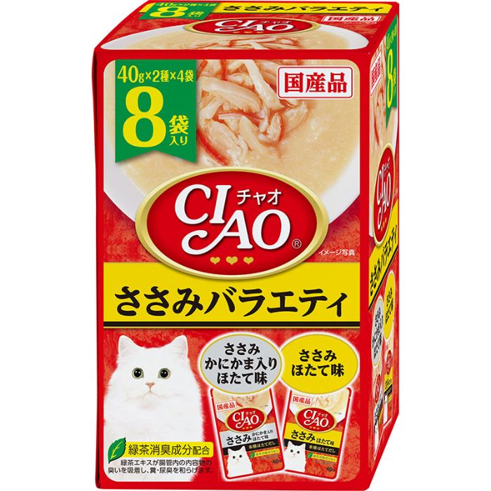 [原材料]：■【ささみ かにかま入り ほたて味】鶏肉（ささみ）、かに風味かまぼこ、ほたてエキス、糖類（オリゴ糖等）、植物性油脂、増粘安定剤（加工でん粉、増粘多糖類）、ミネラル類（Na、P、Cl）、調味料（アミノ酸）、ビタミンE、紅麹色素、緑茶エキス■【ささみ ほたて味】鶏肉（ささみ）、ほたてエキス、糖類（オリゴ糖等）、植物性油脂、増粘安定剤（加工でん粉、増粘多糖類）、ミネラル類（Na、P、Cl）、調味料（アミノ酸）、ビタミンE、紅麹色素、緑茶エキス[栄養成分表示]：■たんぱく質5.0％以上、脂質0.2％以上、粗繊維0.1％以下、灰分2.0％以下、水分92.5％以下、約20kcal/袋[保存方法]：■直射日光を避け、常温で保存