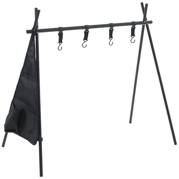 ■組立カンタンなアウトドア用ハンガー！■雑になりがちな焚き火台の周りを整理できる優秀なギア！■ランタン、コップなどの小物や調理器具等のキャンブ用品を吊したり、ビーチや庭キャンプでも便利なハンギングラックです■ジェラルミンフレーム採用で軽くて丈夫■洋服までかけられる高さ（97cm）■フレームを差し込むだけの簡単設営■持ち運びに便利な収納袋付き[機能]：■便利なフック4個■サイドポケット1個付き■耐荷重（約）15kg■フック（約）3kg[素材]：■ジュラルミン・ポリエステル・PP[仕様]：■付属品：フック4個・サイドポケット1個・固定ベルト・収納袋[サイズ]：■Lサイズ■使用時：（約）W102×D57×H105cm■収納時：（約）W45×D8.5×H8.5cm