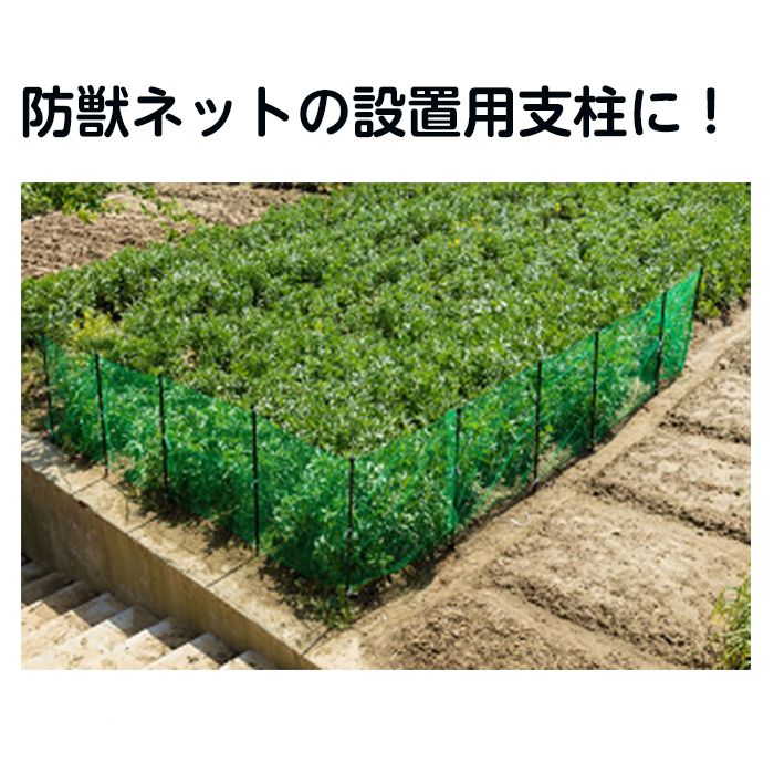 防獣ネットの設置用支柱に!大切な農作物の防獣対策に、ネットと合わせてご利用ください。[特長]:■樹脂コーティングで丈夫!■ネットと併用し、鹿やイノシシ等の害獣の侵入を予防します。■ネット設置に便利なフックや結束時にずれにくいイボ付■材質：鋼管、PE被膜　　色：ブラック■Φ20x1500mm、5本セット＊画像中のネットは商品に含まれません。