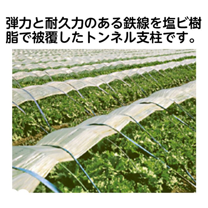 ●トンネル栽培用の支柱（露地トンネル野菜栽培用異形鉄線）。●鉄線なので、弾力があり、表面を塩ビ樹脂で被覆しているので、耐久性にも優れています。●扁平している為、差し込みや引き抜き作業がし易く、土中で動きにくく、作業効率に優れています。外観サイズ幅1500mm×奥行12mm×高さ12mm
