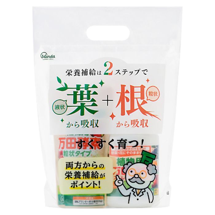 [特長]：■植物用万田酵素ストレートタイプは野菜・花にそのまま使えるストレートタイプの植物活力液です。植物用万田酵素を配合した活力液が、植物の生長を促進します。発芽して葉が2ー3枚出たころに散布するのが効果的です。スプレータイプのため、無駄なく散布したい方におすすめです。■植物用万田酵素粒状タイプは植え穴・株元の周りにまくだけの簡単な粒状タイプです。果実類・穀類・海藻類などの植物性原材料を3年以上発酵・熟成させた植物発酵物です。計量スプーン付きです。[セット内容]：■植物用万田酵素ストレートタイプ900ml、植物用万田酵素粒状タイプ300g[植物用万田酵素ストレートタイプ]：■商品サイズ（約）：100×85×240mm■商品重量（約）：1030g■内容量：900ml■主要材質：植物用万田酵素（果実類、穀類、海藻類などを3年以上発酵・熟成させたもの）■使用上の注意：本品はそのまま散布できますので希釈せず散布してください。飲み物ではありませんので、飲まないでください。アレルギー体質又は、過敏症の体質（かぶれやすい体質）の方は取扱いに十分注意してください。■生産国：日本[植物用万田酵素粒状タイプ]：■商品サイズ（約）：122×212mm■商品重量（約）：300g■内容量：300g '[有効成分]：植物用万田酵素（果実類・穀類・海藻類などを3年以上発酵・熟成させたもの）'[[注意事項]：使用上の注意：かん水後、稀に黒く変色する場合がありますが、品質には問題ございません。食べ物ではありませんので、食べないでください。アレルギー体質又は、過敏症の体質（かぶれやすい体質）の方は取扱いに十分注意してください。■生産国：日本