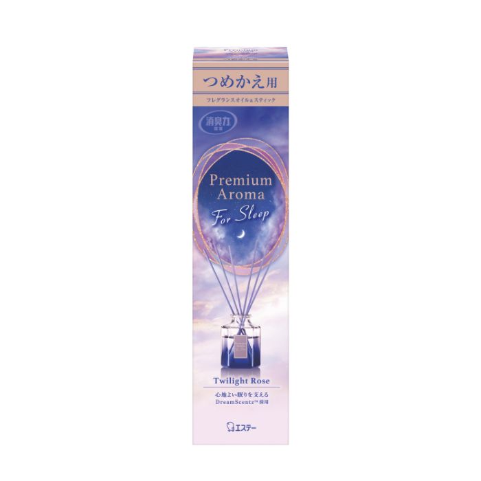 [特長]：■心地よい眠りを支えるDreamScentz採用。※DreamScentzとは睡眠に関する研究から生まれたGivaudan社の技術です。■おやすみ環境を整えるフレグランスオイルを配合した特別な香り。寝室に贅沢な香りが心地よく広がります。■トワイライトローズの香りは夕暮れ時の儚さと夢の世界を表現。ローズをベースとした柔らかく心地よい香りです。 Topnote：カシス、Middlenote：ダマスクローズ・ミュゲ、 Lastnote：ムスク・アンバー■当社液体タイプと比較すると、フレグランスオイルを5倍濃密に配合。※お部屋の消臭力 Premium Aroma 400mLとの比較。■幻想的な夜を演出する上質なボトルデザインと夜とイメージしたネイビーカラーのスティック。スティックの本数で香りの強さの調節ができます。■フレグランスオイルとスティックはつめかえ方式です。つめかえ用で新しい香りをお楽しみいただけます。■香りは約1～2ヵ月持続します（スティック6本の場合）。※季節や使用状況により異なります。