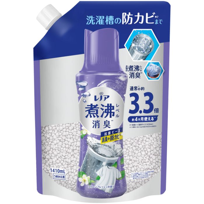 [特徴]：■衣類の煮沸レベル消臭 洗濯槽の防カビまで[成分]：■安定化剤、香料、消臭剤、抗菌剤[使用方法]：■お洗濯のはじめに入れるだけ!（1）洗濯槽に入れた洋服の上にビーズを直接入れる（2）洗剤や柔軟剤をいつも通り入れる。空気を含んだビーズだからよく溶ける。※おしゃれ着コースやドライコースでお使いの場合、製品を溶かしてから、衣類を入れてください。■自動投入洗濯機に：ビーズを柔軟剤にプラスで消臭長続き!■使用量の目安：衣料1kgに対して12mL。・上記は目安ですので、お好みの香りの強さになるように、量を調節できます。「すすぎ1回」のお洗濯にもお使いいただけます。溶け残りが気になる場合は、製品を溶かしてからお使いください。・万が一、溶け残った場合は、水でよく洗い流してください。・まれに、シミなどができてしまった場合、中性洗剤などでよく洗い流してください。・こんな時は少し多めに：頑固なニオイが気になる衣類 ・乾燥機使用でも、高い消臭効果がほしい時