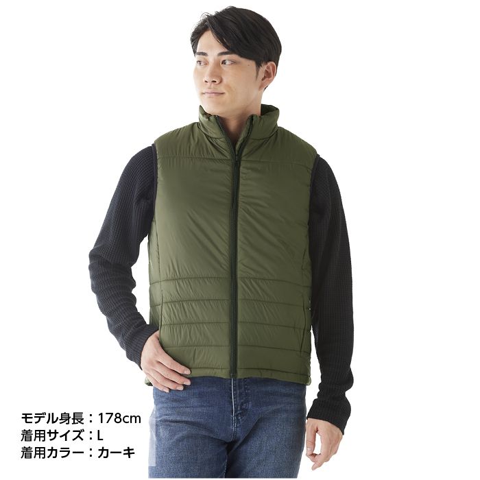 ■Wスイッチ前後切り替え・温度3段切り替え■裏アルミプリントで保温効果アップ!■スイッチ押すだけ!■背面とポケットに熱を伝える■いつでも清潔!手洗い可能!■【高温・中温・低温】の3段階温度調節機能付き■熱線部分に繊維状のマイクロカーボンファイバーヒーターを使用■薄くて暖かい軽量素材を使用し、少し肌寒い初春、初秋でも通常のベストとして使用できます。■コンパクトに収納。持ち運びに便利。[機能]：■裏面ブラックアルミプリント（保温効果アップ）■約20秒で上半身を暖める■Wスイッチ■手洗い可■USBコネクター■マイクロカーボンファイバー■大容量3.7V/10,000mAhバッテリー■一目でわかる電源スイッチ■男女兼用[用途]：■寒い日の通勤、屋外作業、バイク、ゴルフ、釣り[素材]：■表地：ナイロン100％　■裏地：ポリエステル100％　■中綿：ポリエステル100％　■加温素材：炭素繊維100％[カラー]：■ブラック、カーキ[サイズ]：■M、L、LL[サイズ詳細（cm）]：■肩幅／（M）41、（L）43、（LL）45■総丈／ー■着丈／（M）62、（L）65、（LL）68■袖丈／ー■裄丈／ー■身幅／（M）52、（L）55、（LL）58■ウエスト／ー■股下／ー■ワタリ幅／ー■適応身長／（M）165ー175、（L）175ー185、（LL）175ー185■適応胸囲／（M）88ー96、（L）96ー104、（LL）104ー112[付属品]：■USBバッテリー、USB Type‐Cケーブル（長さ：約25cm）、取扱説明書[USBバッテリー仕様]：■電池容量：10,000mAh ■リチウムイオンバッテリー：DC5V／6200mAh ■入力：DC5V 2.1A（Micro‐B／Type‐C）■出力：DC5V 2.1A（ポート×2個口）■サイズ：約W64×D26×H96mm■重量：約182g■満充電：約6時間（※出力DC5V 2.0Aアダプター使用時の目安）[温度調整機能／表示方式]：■押しボタン式3段階／LED（赤・白・青）表示[稼働時間（専用バッテリー使用時の目安）]：■高温（約45ー50℃）両面：約3時間　前面：約6時間　背面：約6時間■中温（約40ー45℃）両面：約4.5時間　前面：約9時間　背面：約9時間■低温（約35ー40℃）両面：約7時間　前面：約12時間　背面：約12時間※付属の専用バッテリーをご使用ください。バッテリーの仕様や性能によっては使用時間が異なったりご使用できない場合がございます。※仕様及びカラーは予告なく変更する場合がありますのでご了承ください。
