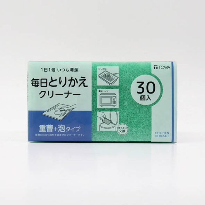 [仕様]：■サイズ 幅50X×奥行き8×高さ80mm■本体重量：1.4g■材質 ポリエステル、重曹（炭酸水素ナトリウム）、界面活性剤■生産国 中国[商品説明]：■1日1個いつも清潔。毎日とりかえスポンジ＆クリーナーの重曹と泡立ち成分を不織布に含ませたキッチン用クリーナーです。■油汚れや酸性汚れをすっきり落とします。■油汚れや酸性汚れをすっきり落とします。■使用方法：少量の水またはぬるま湯を含ませて、軽くもんで泡立ててから汚れの部分をこすってください。