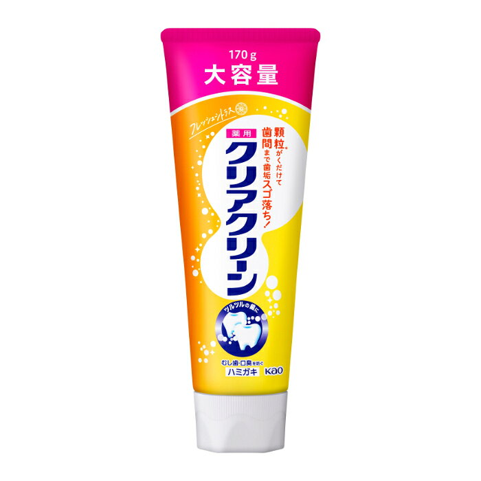 顆粒（清掃剤）がくだけて、ハブラシが届かない歯間の歯垢まで押し出し、歯垢スゴ落ち!すみずみまでツルツルの歯に。フッ素配合：むし歯の発生と進行を防ぐ。口中を浄化。口臭を防ぐ。みずみずしいフレッシュシトラスの香味。（医薬部外品）[容量]：170G[ご注意]：■傷等がある時は使わない■ハミガキが飛び散って目に入らないように気をつける。目を傷つけることがあるので、こすらずすぐに充分洗い流し、異常が残る場合は眼科医に相談する■口中の異常、発疹やかゆみ、強い咳こみ等の症状が出たら使用を中止し医師に相談する[主成分]： ■湿潤剤：ソルビット液 基剤：水 清掃剤：顆粒A、炭酸Ca ■粘度調整剤：無水ケイ酸、CMC・Na ■発泡剤：ラウリル硫酸塩 ■香味剤：香料（ナチュラルミントタイプ）、サッカリンNa pH調整剤：リン酸1Na、水酸化ナトリウム液 ■薬用成分：モノフルオロリン酸ナトリウム（フッ素） 着色剤：青1[原産国]：Japan