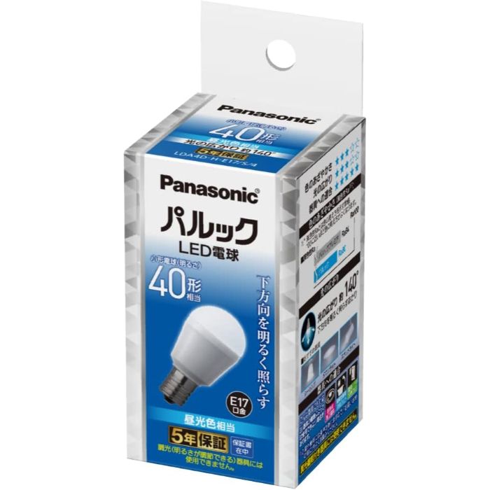 [特徴]：■明るさが下方向に集まるからダウンライトやスポットライトに（光の広がり約140度）■高い演色性　Ra80[仕様]：■種別：小形電球 下方向タイプ 4.0W■光色：昼光色相当■口金：E17■周波数：50/60Hz共用■定格電圧：100V■定格入力電流：0.069A■全光束（ランプ単体の明るさ）：小形電球40形相当 440lm■消費効率：110.3 lm/W■調光器対応：×■断熱材施工器具対応：〇■密閉型器具対応：〇■屋外器具対応：〇■色温度：6500K■寸法：外径35mm　長さ67mm■質量：33g■定格寿命：40,000時間■定格消費電力：4.0W