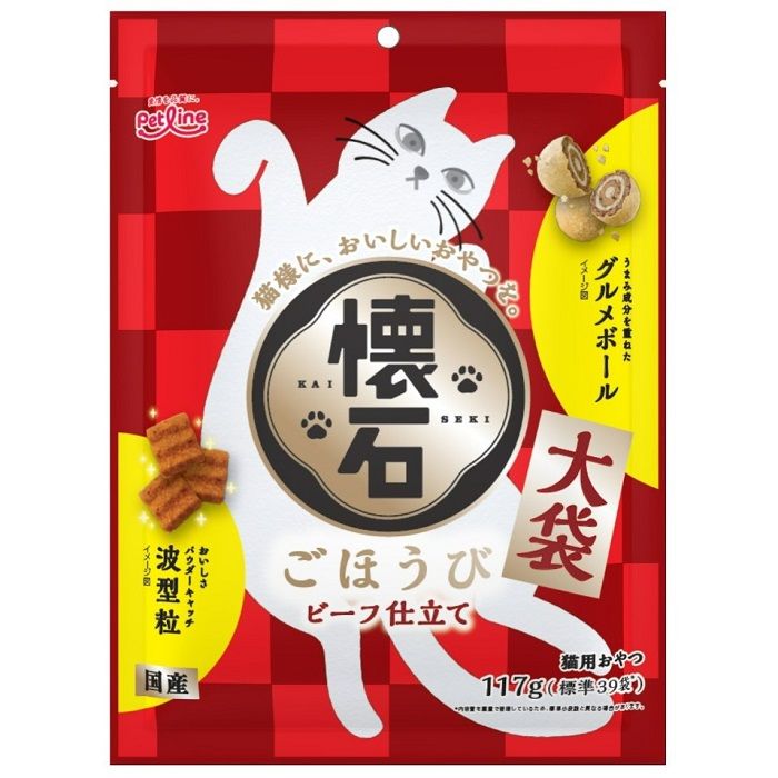 [特徴]：■3gの小分け包装で与えやすく、猫様との距離を縮めるための、コミュニケーションフード。■うまみ広がるビーフ仕立て。猫様の大好きな風味に仕上げました。[原材料]：■穀類（とうもろこし、小麦粉、コーングルテンミール、玄米）、肉類（ミートミール、チキンミール、チキンレバーパウダー、ビーフパウダー、チキンエキスパウダー）、油脂類（動物性油脂、植物性油脂）、豆類（脱脂大豆）、寒梅粉（でん粉、もち米粉）、糖類（砂糖）、魚介類（フィッシュエキス、まぐろ節粉末、カニエキスパウダー）、セレン酵母、ビタミン類、ミネラル類（カルシウム、リン、ナトリウム、カリウム、塩素、鉄、コバルト、銅、マンガン、亜鉛、ヨウ素）、アミノ酸類（メチオニン、タウリン）、クチナシ色素、酸化防止剤（ローズマリー抽出物、ミックストコフェロール）、膨張剤[栄養成分表示]：■たんぱく質・・・24.0％以上■脂質・・・7.5％以上■粗繊維・・・4.0％以下■灰分・・・9.0％以下■水分・・・10.0％以下■リン・・・0.7％標準値■ナトリウム・・・0.7％標準値■マグネシウム・・・0.1％標準値■エネルギー・・・350kcal/100g[保存方法]：■直射日光、湿気の多い所を避けてください。■水ぬれにはご注意ください。[原産国]：■日本