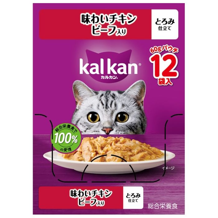 [特長]：■毎日の食事に、安心とおいしさと新食感を。[原材料]：肉類（チキン、ビーフ等）、穀類、調味料（アミノ酸等）、ビタミン類（B1、B2、B6、B12、C、D3、E、K、コリン、ナイアシン、パントテン酸、ビオチン、葉酸）、ミネラル類（Ca、Cl、Cu、FE、I、K、Mg、Mn、Na、P、Zn）、アミノ酸類（タウリン）、増粘安定剤（加工でん粉、増粘多糖類）、ポリリン酸Na、酸化防止剤（クエン酸）、EDTA-Na、発色剤（亜硝酸Na）[栄養成分表示]：■タンパク質：7.5％以上、脂質：1.5％以上、粗繊維：0.5％以下、灰分：3.0％以下、水分：88.0％以下 エネルギー42kcal/袋[保存方法]：■誤食防止のため、小児の手の届かない場所に保管してください。開封後は冷蔵庫に入れ、なるべく早く使い切ってください。発色剤不使用のため、開封後に内容物が変色することがあります。[原産国]：■タイ
