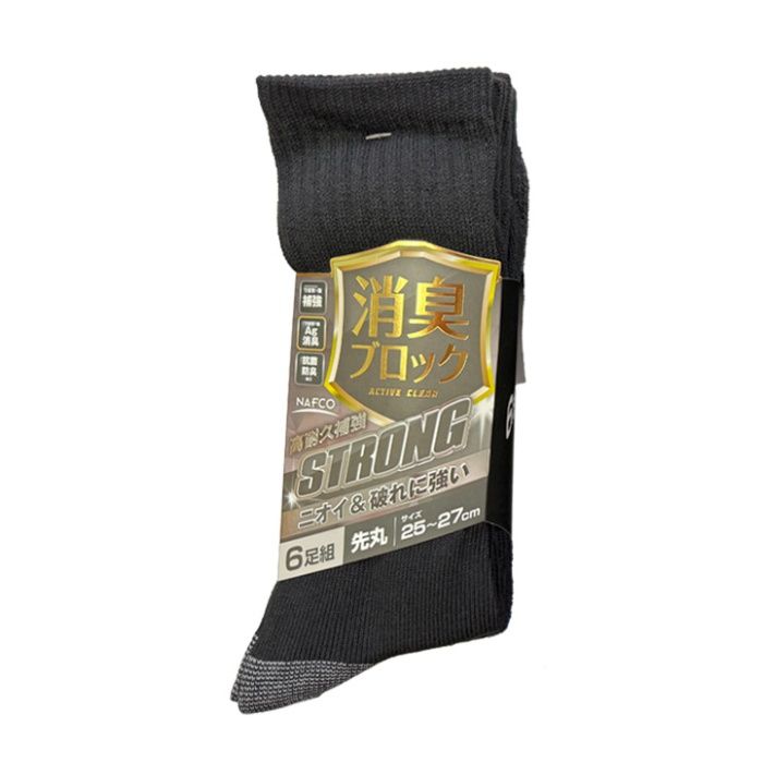 [特長]：■高耐久補強靴下の大容量の6足組。■抗菌・防臭加工でニオイと破れの両方とも強い。■つま先・カカトを消臭糸で補強。■つま先・カカトをAG消臭。