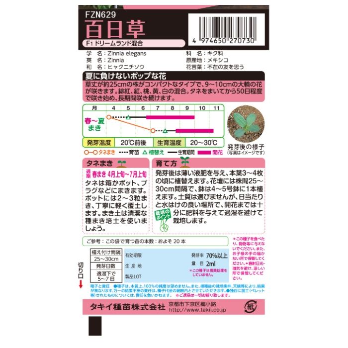 タキイ種苗 ジニア（百日草） 百日草F1ドリームランド混合
