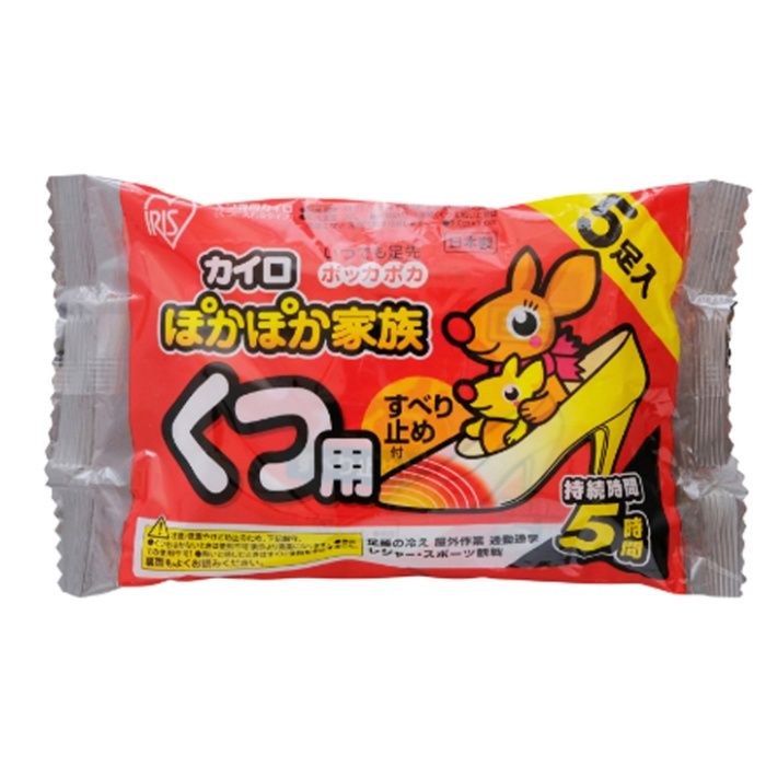 [特長]：■5足入りです。[仕様]：■最高温度：41度（くつの中での使用を想定した測定値）■平均温度：38度■持続時間：5時間（くつをぬいだ時は高温になり、持続時間は短縮します）[素材]：■鉄粉、水、活性炭、バーミキュライト、塩類、高吸水性樹脂[生産国]：■日本