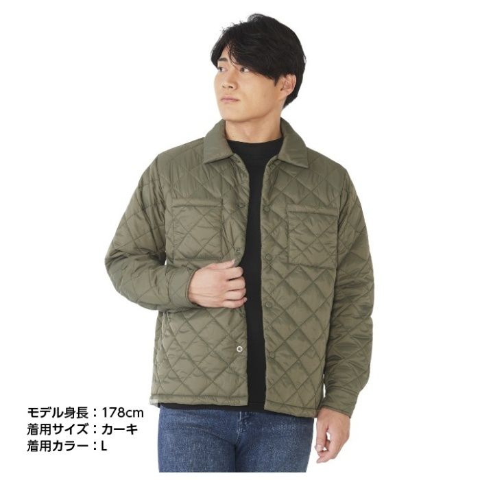 軽くてあたたかい!一枚でぽかぽか、軽やか、水を弾く。[機能]：■保温■軽量■撥水加工[素材]：■表地　ナイロン　100％■中綿　ポリエステル　100％■裏地　ナイロン　100％[カラー]：■ブラック、カーキ、ベージュ[サイズ]：■M、L、LL、3L[サイズ詳細（cm）]：■肩幅／（M）44、（L）46、（LL）48、（3L）50■着丈／（M）68、（L）70、（LL）72、（3L）74■袖丈／（M）62、（L）63、（LL）64、（3L）65■身幅／（M）55、（L）58、（LL）62、（3L）66