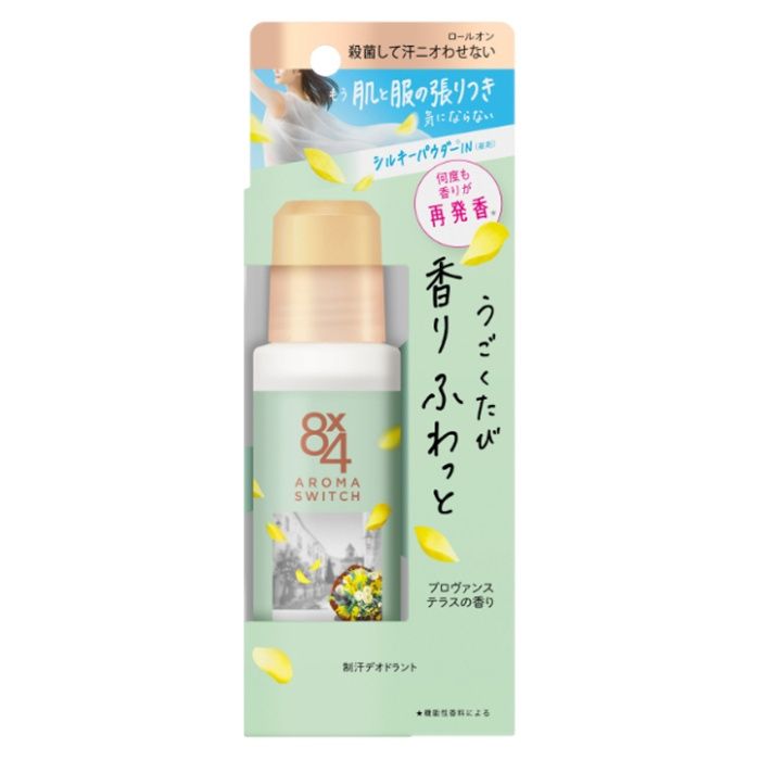 殺菌して一日ずっと汗ニオわせない　汗が気になるたび香りが再発香★　★機能性香料による　●制汗成分（クロルヒドロキシアルミニウム液）配合　●殺菌成分（βーグリチルレチン酸）配合で防臭　●消臭成分（消臭グリーンティーエッセンス）配合　〇プロヴァンステラスの香り　たっぷりサイズ※ロールオン　※8x4ロールオン通常品45ml比　効能効果：皮ふ汗臭、わきが（腋臭）、制汗　（医薬部外品）ご注意●顔・粘膜、除毛直後、傷、はれもの、湿疹等異常のあるところには使わない●肌に異常が生じていないかよく注意して使う。肌に合わない時や、使用中、赤み、はれ、かゆみ、刺激、色抜け（白斑等）や黒ずみ等の異常が出た時、また日光があたって同じような異常が出た時は使用を中止し、皮フ科医へ相談する。使い続けると症状が悪化することがある●子供の手の届くところに置かない成分：クロルヒドロキシアルミニウム液*、緑茶乾留エキス*、β-グリチルレチン酸*、エタノール、水、ミリスチン酸イソプロピル、濃グリセリン、無水エタノール、メチルフェニルポリシロキサン、ヒドロキシプロピルセルロース、香料　*は「有効成分」無表示は「その他の成分」Made in Japan