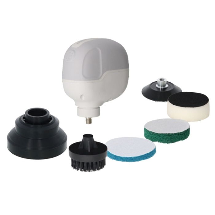 [仕様]：■モーター電圧：DC3.7V■無負荷回転数：LOW=約1,300min-1、HIGH=約2,000min-1■質量：約0.42kg■使用環境温度：5ー40℃■目安充電時間：最大約3.5時間■充電プラグ入力電圧：DC5V■充電プラグ入力電流：1.0A■充電温度範囲：10ー35℃■内蔵バッテリー：リチウムイオン電池■内蔵バッテリー電圧：DC3.7V■内蔵バッテリー容量：1,500mAh■付属USBケーブル長：約1.0m■防水規格：IPX4■セット内容：本体、ベースパッド、ナイロンタワシφ75mm#180、#240、スポンジパッド、ナイロンブラシ、飛散防止カバー、Type-Cケーブル、取扱説明書[用途]：■シンクなど水周りの清掃、磨き作業、頑固な汚れ落としに■ツヤ出し作業、サビ落としに[特長]：■先端パーツを付け替えることで様々な用途に使用可能■二段階でスピード調節可能■1回の充電で約15分の連続使用が可能■作業時の水ハネを防ぐ飛散防止カバー付き■USBケーブルType-C付き■用途に応じた先端パーツ6種類付き[注意事項]：■本製品は完全防水ではありません。■水中、暴風雨で使用、雨中での長時間使用はしないでください。■本製品にACアダプターは付属されていません。■市販のACアダプターを使用する際は、必ず1A以上のものを使用してください。■最大で5V 3Aまで使用可能ですが急速充電には対応しておりません。■上記質量は先端パーツ重量を除いた質量になります。■内蔵バッテリーの交換はできません。