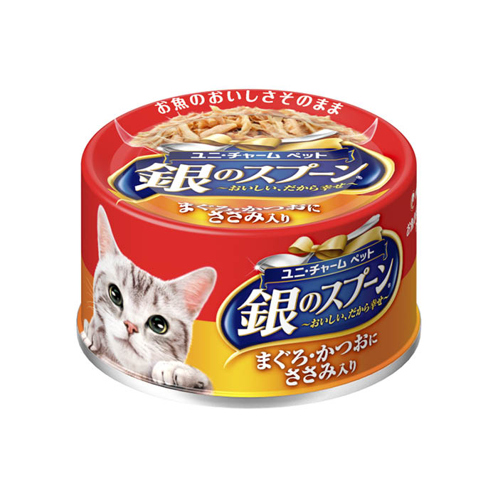 お魚のうまみをそのまま活かして、抜群のおいしさを実現。[特長]：■「銀のスプーン缶」は、お魚のうまみをそのまま活かし、抜群のおいしさを実現したキャットフード(ウェットタイプ)です。[原材料]:■魚介類(かつお、まぐろ、フィッシュエキス)、肉類(ささみ)、調味料、増粘多糖類[栄養成分表示]:■タンパク質:10.0%以上、脂質:0.3%以上、粗繊維:0.5%以下、粗灰分:3.0%以下、水分:88.0%以下、約36kcal/1缶あたり[原産国]:■タイ[内容量]:■70g[対象年齢]:■成猫[保存方法]:■直射日光を避け、風通しのよい場所に保管してください。■開封後は早めに与えてください。