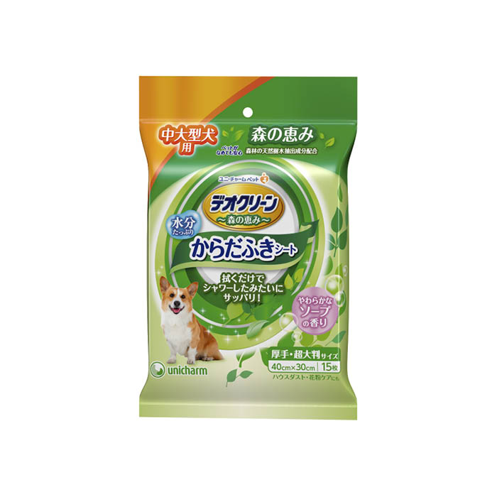 [特長]：「デオクリーンからだふきシート」は、ワンちゃんと飼い主に安心して快適な生活をサポートする、天然の森の恵みを活かしたクリアフォレストを配合した犬用からだふきシートです。[原材料]：シート素材：レーヨン系不織布 成分：水、除菌剤、保湿剤、樹木抽出成分、、、、、[原産国]：[保存方法]：■本品は高温多湿、火気付近を避け、直射日光の当らない場所に保管してください。■食品、食器、おもちゃ、ペットフード等と保管場所を区別し、小児の手の届かない場所に保管してください。■本品の空袋をおもちゃにしないでください。