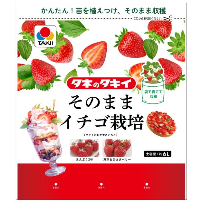 [使用方法]（1）袋の設置　袋を持って床に軽く数回トントンと落とし、底を安定させます。（2）水抜き穴を開ける袋の側面下部の水抜き穴に、6か所穴をあけてください。（水抜けの状態により適宜増やしてください）（3）袋の開封切り取り線に沿ってはさみで開封します。（4）折り返す口元を2～3回折り返します。（5）植え付け苗をポットから丁寧に抜き取り、根が崩れないように植え付けます。日当たりのよい場所で管理してください。※イチゴ苗は不可植えしないようにしてください。（6）水を与える穴から染み出るまでたっぷりと水を与えます。※2回目以降は土の乾き具合をみて、水の量を調節してください。