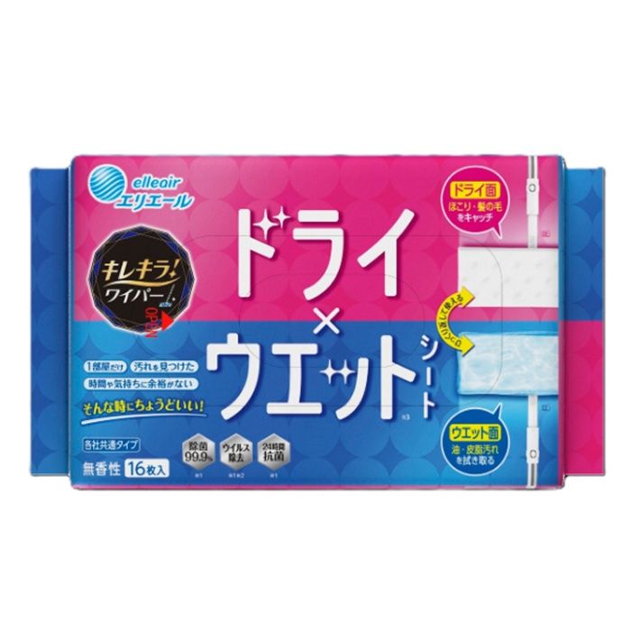 [仕様]：■裏と表で2つの異なる機能を実現する『3層構造シート』。■ドライ面ではほこり・髪の毛をキャッチ、ウエット面では油・皮脂汚れを拭き取る。■除菌99.9％、ウイルス除去、24時間抗菌。[内容量]：■16枚[原産国]：■日本