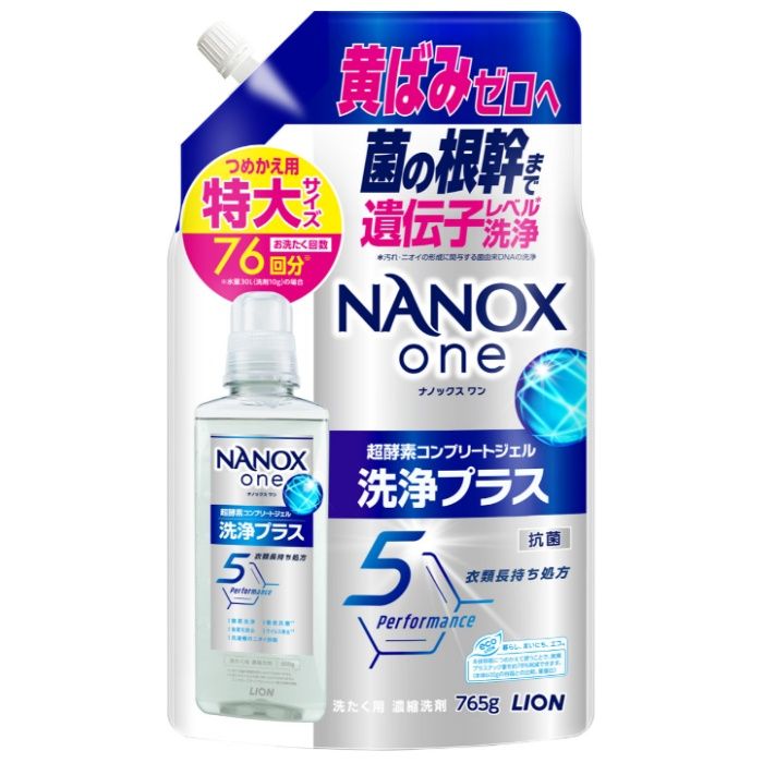 [特長]：■菌の根幹まで遺伝子レベル洗浄で黄ばみゼロへ。■NANOX史上初の新酵素配合で、黄ばみ、食べこぼし、血液、汗汚れなどの頑固な汚れまで徹底洗浄!■黄ばみ・黒ずみ・くすみの発生を抑制し、色あせも防ぐ、衣類長持ち処方。もちろん徹底抗菌、ウイルス除去、洗濯槽のニオイ抑制機能も搭載。[内容量]：■つめかえ用 765g[原産国]：■日本