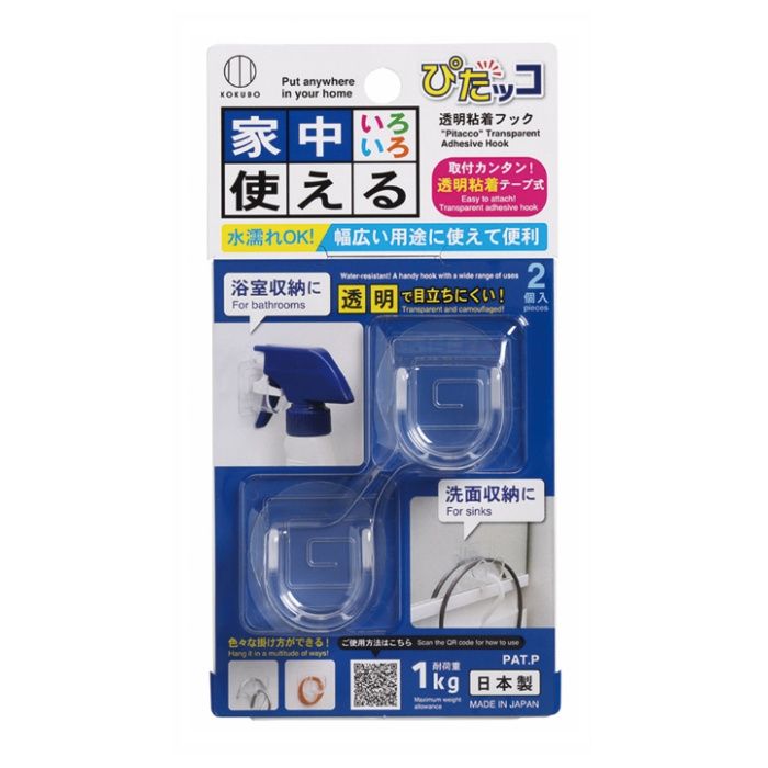 [仕様]：■サイズ　幅4.5X奥行2.5X高さ4.5cm■本体重量：10g■材質　フック：アクリル樹脂、粘着テープ：アクリルフォーム■生産国　日本[商品説明]：■透明なので目立ちません。■取り付けカンタン、透明粘着テープ式■水濡れOK。幅広い用途に使えます。■ステンレスやプリント合板など、光沢ある平らな面に貼れます。