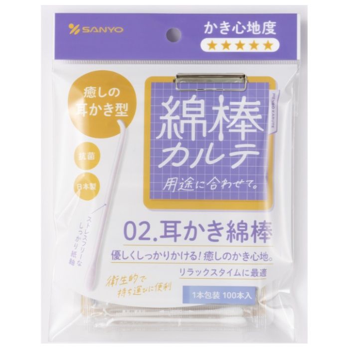 [仕様]：■日本製■100本入■1本包装■原材料：脱脂綿、紙軸、抗菌剤：キトサン（綿表面）■耳かきと綿棒がセット
