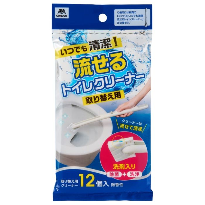 [特長]：■便器のフチ裏までしっかり届き、しっかり洗える、流せるトイレクリーナー。■洗剤が含浸しているため、別途トイレ用洗剤が要らない。■掃除をした後は手で触らずに、そのままトイレに流せるため、清潔を保てる。■微香性、洗剤色は薄めで便器に洗浄色が残りにくい[仕様]：■取替用クリーナー12個