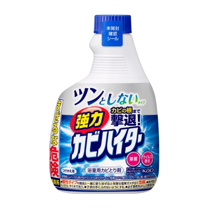 塩素臭が苦手な方におすすめの、効果そのまま※ツンとしないタイプ。密着成分配合で、きめ細かい泡が垂直面のカビにもとどまり、カビの根まで撃退!壁、棚の下側のゴムパッキンやシャワーホースなど、落としにくい場所のカビにもしっかり効きます。グリーンフローラルの香り。※強力カビハイター比使用上の注意 ●用途外に使わない。●認知症の方などの誤飲を防ぐため、置き場所に注意する。●液が目に入らないよう注意する。●液が皮ふや衣類につかないよう注意する。●必ず単独で使用する。酸性タイプの製品や食酢・アルコール等と混ざると有害なガスが発生して危険。●1度に大量に使ったり、続けて長時間使わない。●外国製タイルは変色することがあるので、必ず目立たない場所で試してから使う。●浴槽にたれ落ちたままにしておくと変色することがあるので、すぐに水洗いする。●衣類や敷物に液がつくと脱色するので注意する。●直射日光を避け、高温の所に置かない。●倒して保管しない。●破損を避けるため落とさない。成分次亜塩素酸塩、水酸化ナトリウム（0.5％）、界面活性剤（アルキルアミンオキシド）、安定化剤