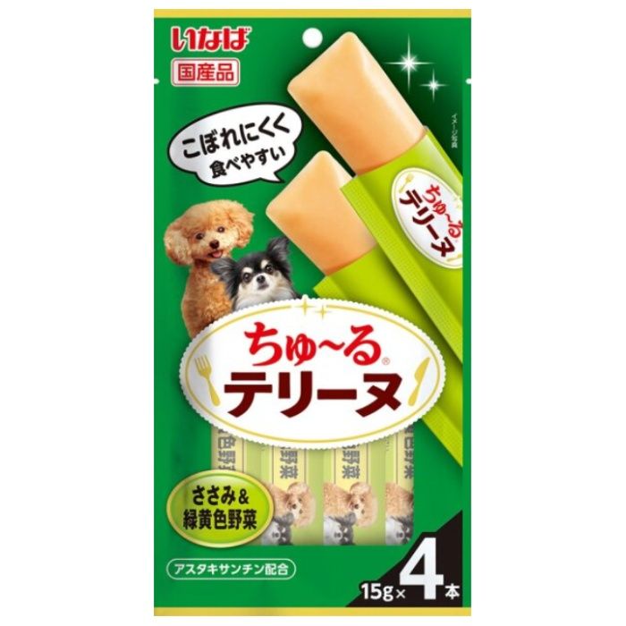 [原材料]：■鶏肉（ささみ）、トウモロコシ粉、鶏脂、野菜類（人参、かぼちゃ、いんげん）、チキンエキスパウダー、酵母エキス、加工でん粉、ビタミンE、ヘマトコッカス藻色素（アスタキサンチン含有）[栄養成分表示]：■たんぱく質4.5％以上、脂質1.0％以上、粗繊維0.1％以下、灰分0.8％以下、水分83.5％以下、エネルギー約12kcal/本[保存方法]：■直射日光を避けて常温保存