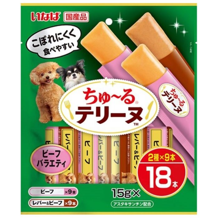 [原材料]：■[ビーフ]牛肉、トウモロコシ粉、ビーフエキス、酵母エキス、増粘安定剤（加工でん粉）、ビタミンE、ヘマトコッカス藻色素（アスタキサンチン含有）■[レバー＆ビーフ]鶏肝、トウモロコシ粉、牛肉、鶏脂、チキンエキス、酵母エキス、増粘安定剤（加工でん粉）、ビタミンE、ヘマトコッカス藻色素（アスタキサンチン含有）[栄養成分表示]：■たんぱく質4.5％以上、脂質1.0％以上、粗繊維0.1％以下、灰分0.8％以下、水分83.5％以下、エネルギー約12kcal/本[保存方法]：■直射日光を避けて常温保存