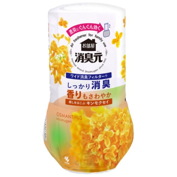 [特長]：■デコボコ加工の「ワイド消臭フィルター」が悪臭をキャッチ!イヤなニオイをしっかり消臭します。■消臭フィルターを引き上げ、好きな強さに効き目調節。■ふたを閉めて容器をシャバシャバと振って、香りリフレッシュ。■大容量400mLで効果長持ち。最後の一滴まで残さず効く。■再生樹脂を使用したエコ容器。■癒しをはこぶキンモクセイ：庭先に咲く甘くてやわらかい花の香りを表現した、こころが癒される気分になるフルーティーフローラル調の香り。[成分]：■アミノ酸系消臭剤、香料、界面活性剤（非イオン、陰イオン）[注意事項]：■本品は飲めない。■小児、認知症の方などの誤飲に注意する。■小児、認知症の方などの手の届くところには置かない。■安定した場所に置き、倒れたまま放置しない。■外キャップだけで本品を持ち上げない。■液がこぼれるので横・斜めにしない。■液がつくとシミや変色、変形の原因となる場合があるので、すぐに拭き取る。■用途以外に使用しない。■直射日光のあたる所、高温の場所に置かない。変色・変質することがある■液体が目に入った場合は、すぐに流水で洗い流す。■消臭フィルターの調節時や分別廃棄の際、液体が手についた場合はよく洗う。■飲んだ場合は、吐かせずにコップ1ー2杯の水を飲ませる。■気分が悪くなったときは、使用を中止する。■異常がある場合は本品を持参し、医師に相談する。■廃棄は自治体の区分に従ってください。