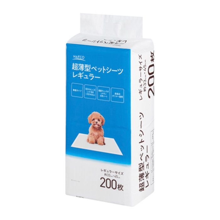 [特長]：■健康チェックに便利な白色シート使用■1回分のおしっこをしっかり吸収（小型犬：約30cc）[サイズ]：■レギュラーサイズ：約33×45cm[素材]：■不織布、ポリマー、ポリエチレン、パルプ、吸水紙、ホットメルト接着剤[トイレのしつけ]：■トイレの場所を決めて、ペットシーツを敷いてください。■ニオイをかぎまわり、落ちつきがなくなったら、トイレに連れて行ってください。■決めた場所以外でした時は注意して、臭いや汚れが残らないようにふきとってください。■シーツの上でした時は、ほめてあげてください。[ご注意]：■本品を水洗トイレには流さないでください。排水管を詰まらせる原因になります。■幼児が空袋で遊ばないよう、手の届く所に置かないでください。■本品はペット用です。それ以外の目的には使用しないでください。■万一、人やペットが本品を飲み込んだ場合は、速やかに吐かせる等の応急処置をとった後、医師に相談してください。■ペットが本品を食べたりイタズラをする場合は使用を中止してください。■ゴミに出す時は、お住いの自治体の定める区分に従ってください。