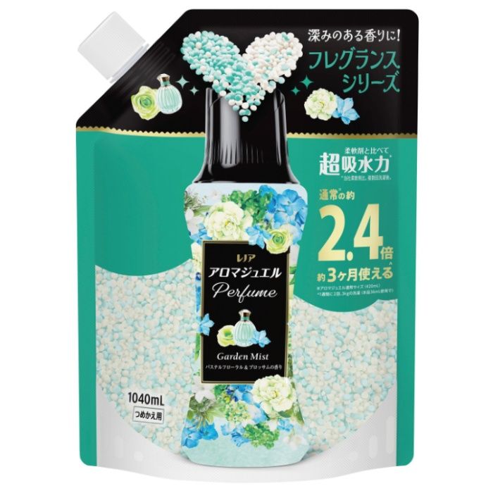 [特長]：■2色の香水ビーズが重なり合い、上質で深みのある香りへ。柔軟剤より上質なフレグランスが香水よりやさしく長く続く。■柔軟剤と比べて、超吸水力。（※当社柔軟剤比。複数回洗濯後。）■使い方は洗濯のはじめに、洗濯槽に入れた洋服の上に直接入れるだけ。縦型・ドラム式どちらでもOK。■香りが12週間長続きする。（※保管状態にて。）■赤ちゃんの衣類もOK。家族全員対応、赤ちゃん用と大人用の両方に使える。■庭園の香りの香水をイメージしたパステルフローラル＆ブロッサムの香り：ブロッサムの繊細で自然な香りにシトラスのさわやかさが重なり、みずみずしい香りへ。[成分]：■安定化剤、香料