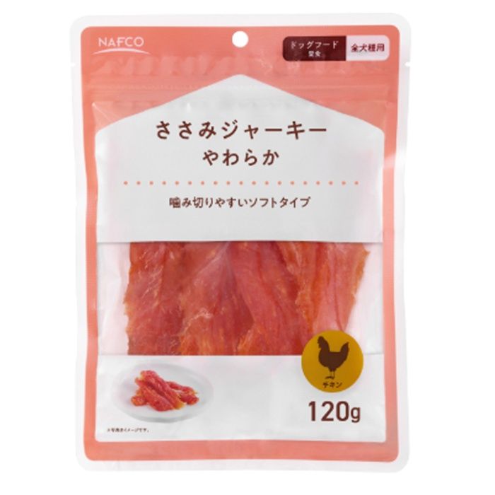 [特長]：■かみ切りやすいソフトタイプ。■農林水産省より指定加熱処理施設として認定された工場で製造しています。■温度、衛生管理などの指定基準をクリアした工場で生産を行い、品質にこだわったジャーキーです。[原材料]：■鶏ささみ、でん粉、食塩、グリセリン、プロピレングリコール、保存料（ソルビン酸K）、酸化防止剤（ビタミンC）、発色剤（亜硝酸Na）[栄養成分表示]：■エネルギー：100g当り221kcal■脂肪：アイリスオーヤマビーフジャーキーの約80％カット■成分：たんぱく質40.0％以上、脂質1.0％以上、粗繊維1.0％以下、灰分5.0％以下、水分40.0％以下[保存方法]：■開封後は要冷蔵[生産国]：■中国