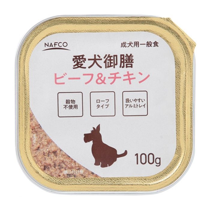 [特長]：■愛犬がよろこぶソフトな食感の愛犬用ウェットフードです。■アルミトレイタイプは、食事の準備やゴミの処理にも扱いやすくとても便利です。[栄養成分表示]：■粗タンパク質9.0％以上、粗脂肪4.5％以上、粗繊維0.5％以下、粗灰分3.0％以下、水分90.0％以下、エネルギー約90kcal[原材料]：■肉類（ビーフ、ポーク、チキン、ターキー等）、魚類（ニジマス）、ビタミン類（E、B1）、ミネラル類（硫酸銅、酸化亜鉛）、着色料（食用赤色3号）