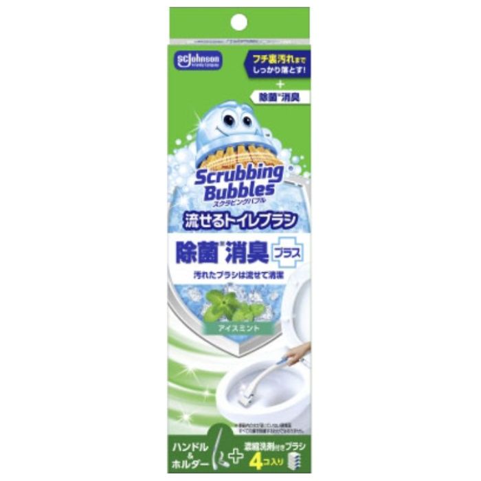 [特長]：■洗剤成分を染み込ませた使い捨てできるブラシと本体ブラシのセット。■洗剤付きブラシは、トイレットペーパーのように分解する素材なので掃除後トイレに流せる。お掃除終わりにブラシ部分に触らず廃棄ができる。■濃縮洗剤がフチ裏汚れまでしっかり落とし、便器内を99％除菌※。（※便器内の水が浸っていない硬質面につて。すべての菌を除菌するわけではありません。）■アイスミントの香り。[成分]：■界面活性剤、防腐剤[注意事項]：■用途以外に使用しない。人体に使用しない。■第三者の監督が必要な方、子供やペットが触れる所に置かない。■目に刺激があるので、使用中に液が目に入らないように注意する。■衣服につかないように注意する。■手荒れの気になる方や長時間使用する場合は、ゴム製などの手袋を使う。■使用後は手を洗う。■金属面、プラスチック面、ガラス面、木部などには使わない。■つまりを避けるため、ブラシは1コずつ流す。■洗剤付きブラシはこの箱と一緒に保管する。■地下階などにあるトイレで、排水に揚水ポンプ（水を高所に揚げるためのポンプ）を使用している場合はブラシを流さない。■ブラシを切り離すときに、ブラシの角で手を切らないように注意する。■皮膚に刺激があるので、使用中に液が皮膚につかないように注意する。■単独で使用する。塩素系製品と混ざると有害なガスが発生する恐れがある。
