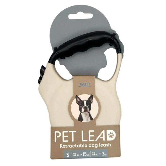 [用途]：■小型犬用（Sサイズ）の散歩用伸縮リード。■約3mまで伸縮し、愛犬の行動範囲を確保しながら安全にコントロールできます。■対応体重：約15kgまで。日常の散歩や外出時に便利です。[仕様]：■商品サイズ：約3m（伸縮距離）■1個重量：204g■材質：・本体：ABS・グリップ：TPR・スイッチ：ABS・ナスカン：亜鉛合金（ポット合金と記載されていますが、一般的には亜鉛合金を指します）・テープ：ポリエステル